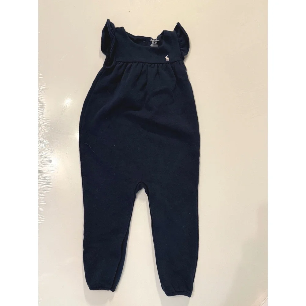 Ralph Lauren Kids Navy Blue Ruffle Shoulder Fleece Jumpsuit 24M Pony Logo